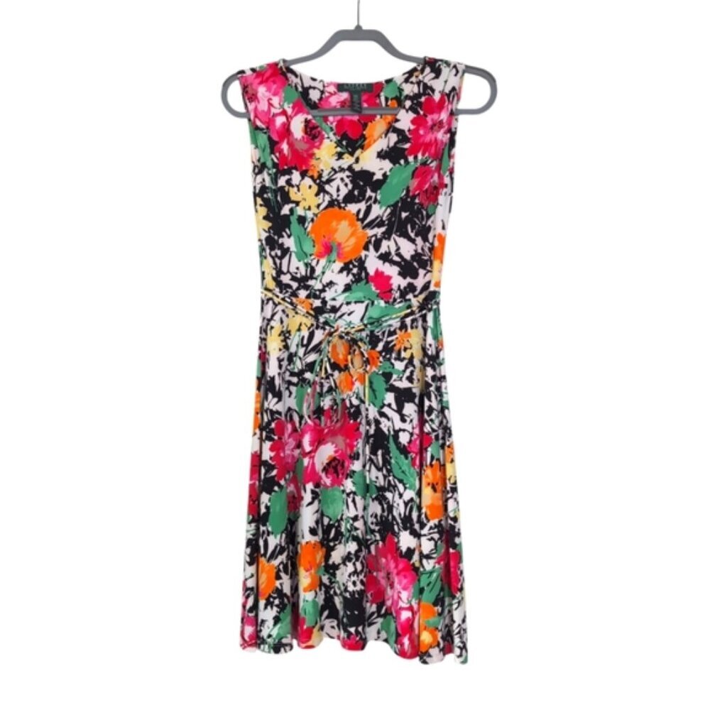 Ralph Lauren Floral Jersey Tie Preppy Cottage Garden Party Summer Dress XS